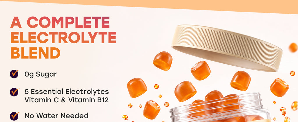 A complete electrolyte blend — 0g sugar, 5 essential electrolytes, Vitamin C and B12, third-party tested, vegan and gelatin-free