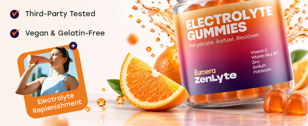 Sumera ZenLyte Electrolyte Gummies jar with orange slice — Rehydrate, Refuel, Recover