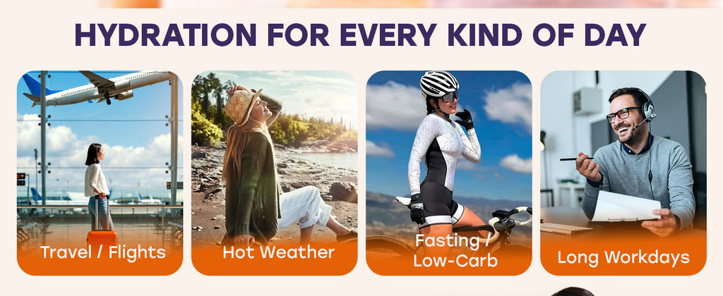Hydration for every kind of day — travel and flights, hot weather, fasting or low-carb, long workdays