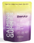 Front of the Sumera ZenAir calming gummies pouch on a white background, with a lime-to-purple gradient and cloud texture. Labelled calm support for air travel, listing Ashwagandha, Magnesium, L-Theanine, GABA and Lemon Balm, with badges for flight calm, stress support and promotes relaxation. Dietary supplement, 30 gummies.
