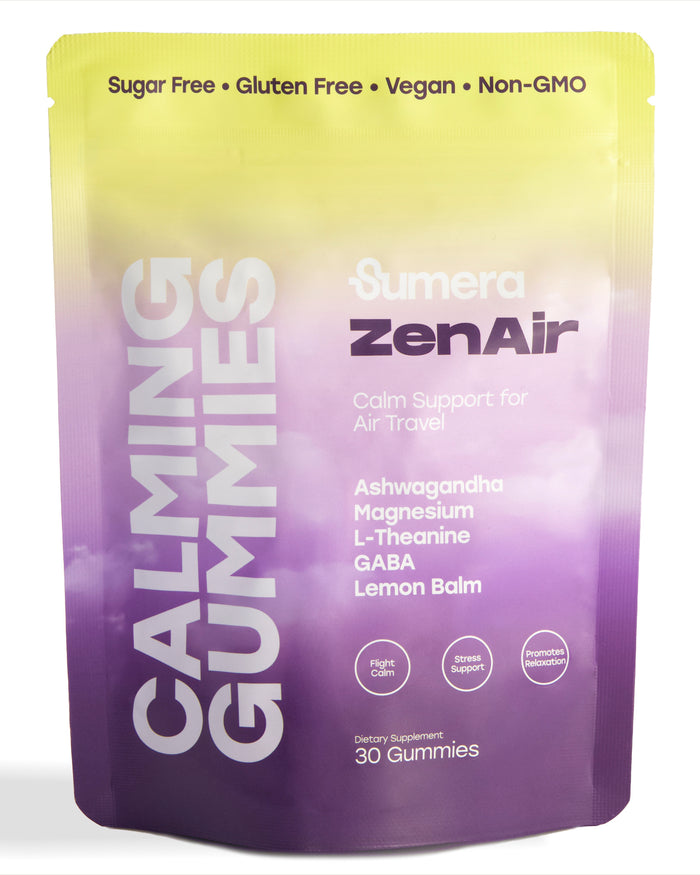 Front of the Sumera ZenAir calming gummies pouch on a white background, with a lime-to-purple gradient and cloud texture. Labelled calm support for air travel, listing Ashwagandha, Magnesium, L-Theanine, GABA and Lemon Balm, with badges for flight calm, stress support and promotes relaxation. Dietary supplement, 30 gummies.