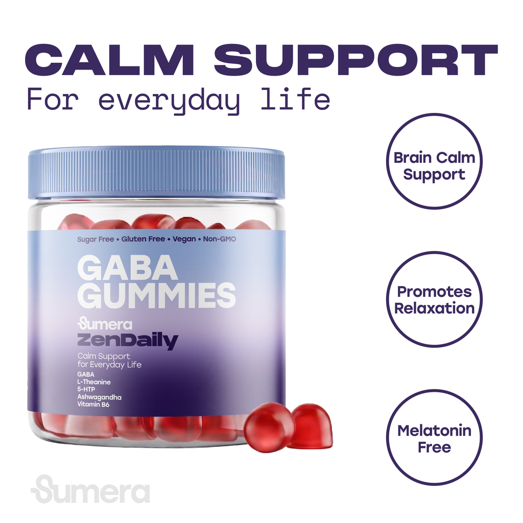Jar of Sumera ZenDaily GABA Gummies with a blue lid and purple gradient label, beside two red gummies. Labelled calm support for everyday life, sugar free, gluten free, vegan and non-GMO.