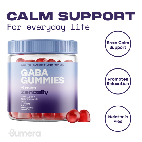 Jar of Sumera ZenDaily GABA Gummies with a blue lid and purple gradient label, beside two red gummies. Labelled calm support for everyday life, sugar free, gluten free, vegan and non-GMO.