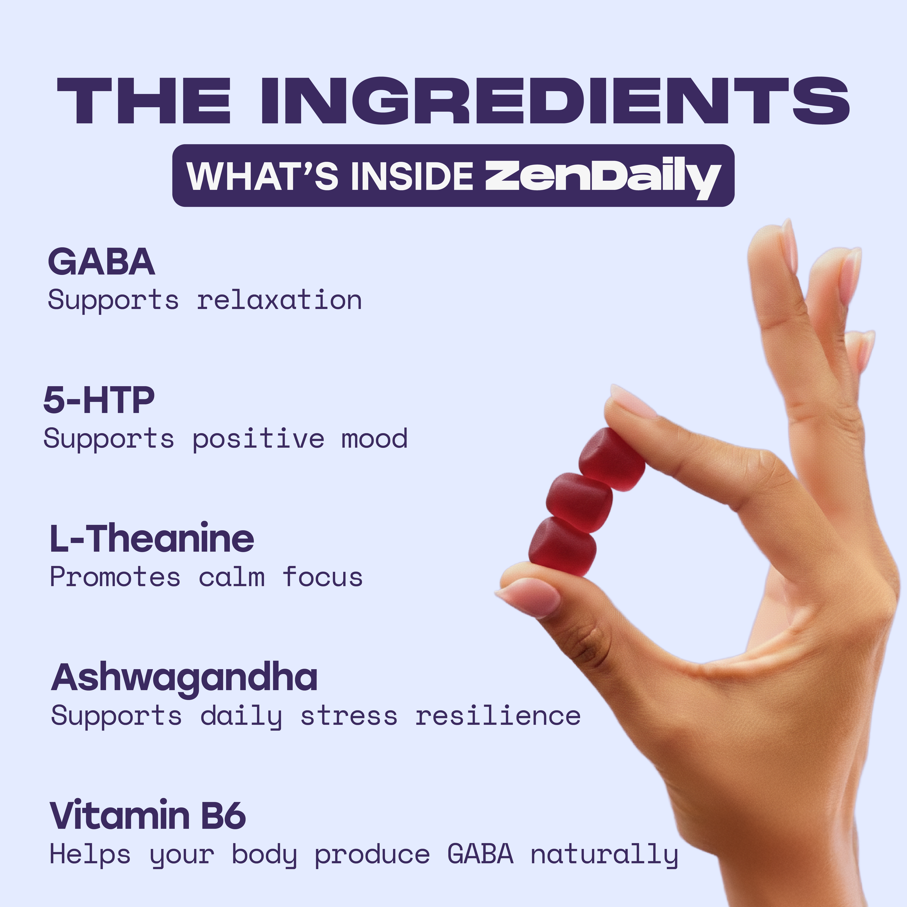 Ingredient list for ZenDaily: GABA supports relaxation, 5-HTP supports positive mood, L-Theanine promotes calm focus, Ashwagandha supports daily stress resilience, Vitamin B6 helps your body produce GABA naturally. A hand holds three red gummies.