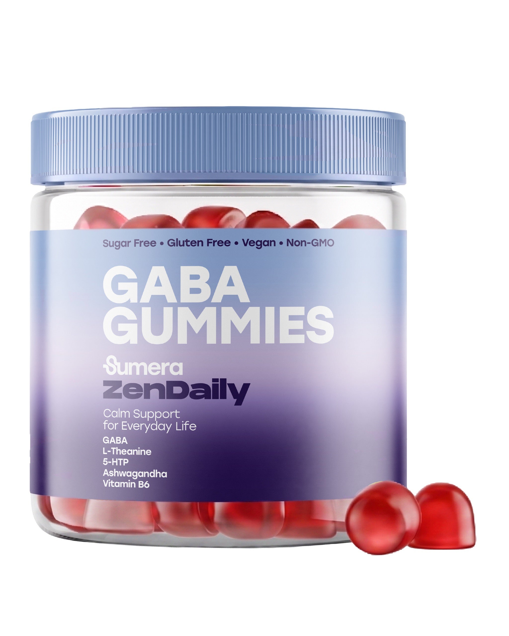 Jar of Sumera ZenDaily GABA Gummies with a light blue lid and a blue-to-purple gradient label, with two red gummies resting beside it. The label reads calm support for everyday life and lists GABA, L-Theanine, 5-HTP, Ashwagandha and Vitamin B6.
