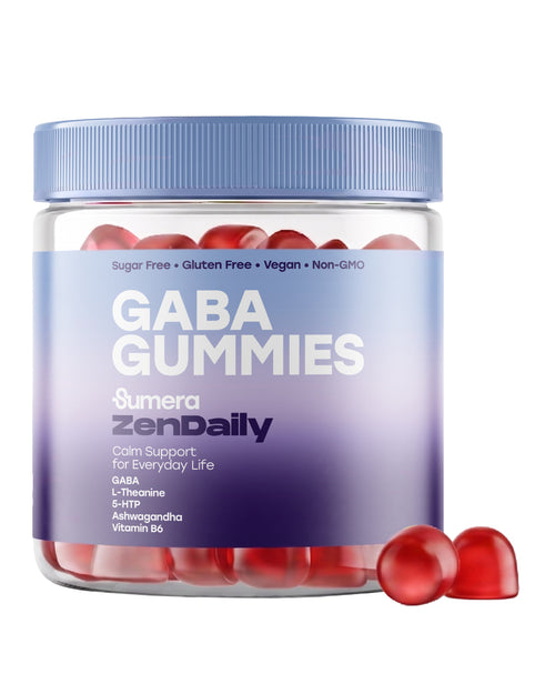 Jar of Sumera ZenDaily GABA Gummies with a light blue lid and a blue-to-purple gradient label, with two red gummies resting beside it. The label reads calm support for everyday life and lists GABA, L-Theanine, 5-HTP, Ashwagandha and Vitamin B6.